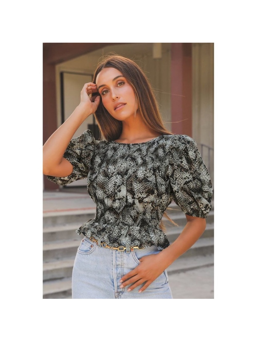 Free People Snake-Print Smocked Puff Sleeve Top sz S